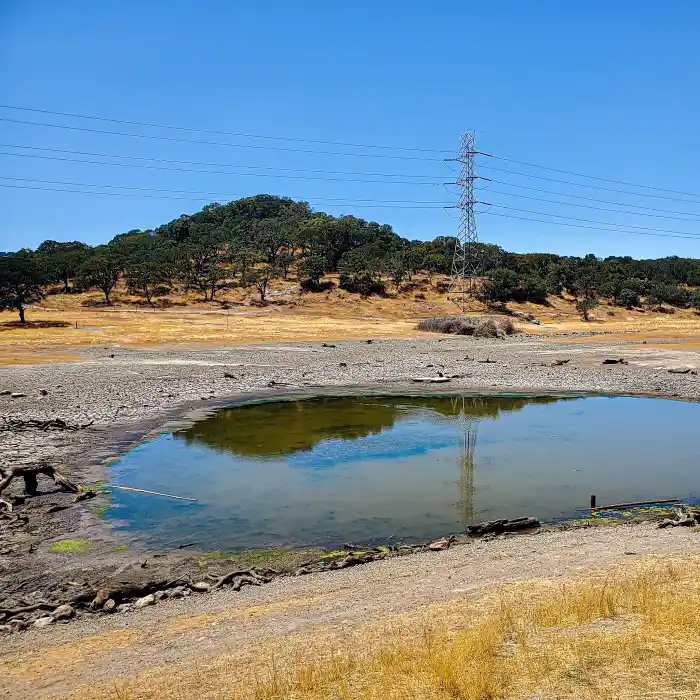 An evaporating shallow pond with no vegetation. A hill with small pine trees is in the background.