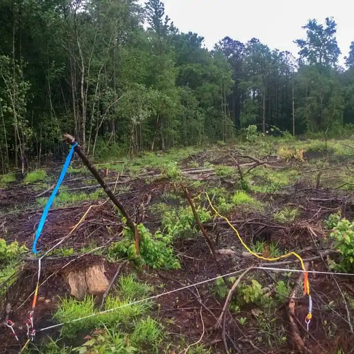 A clearcut area, with intact forest in the background.