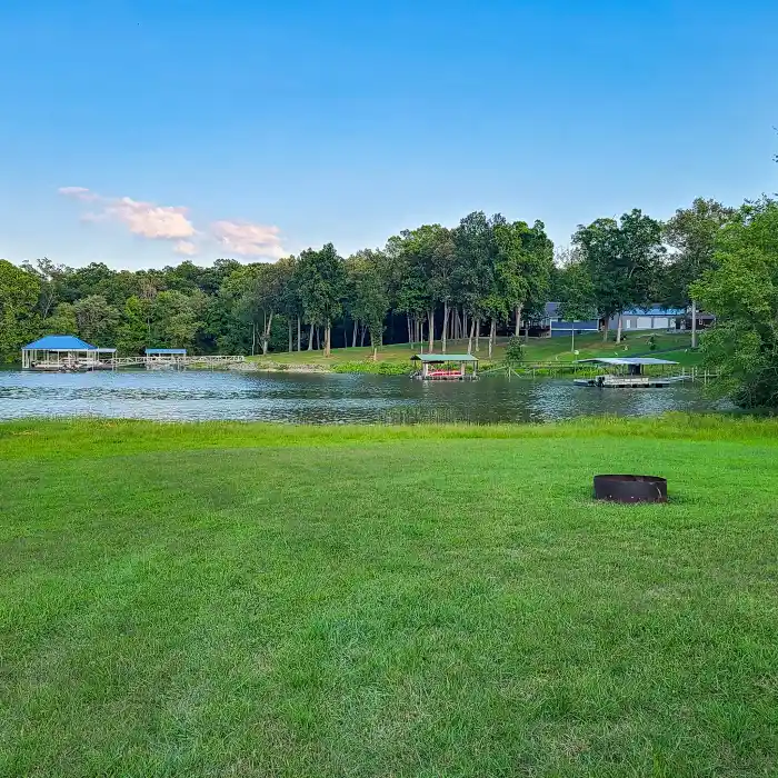 Lawn overlooking a lake.